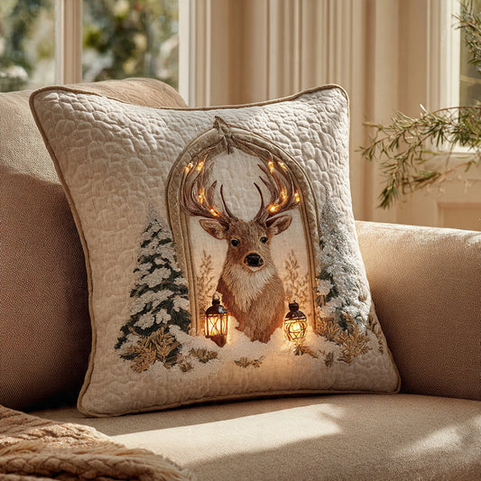 Noble Stag with Lanterns LED Embroidered Throw Pillow – Rustic Winter Cabin Decor