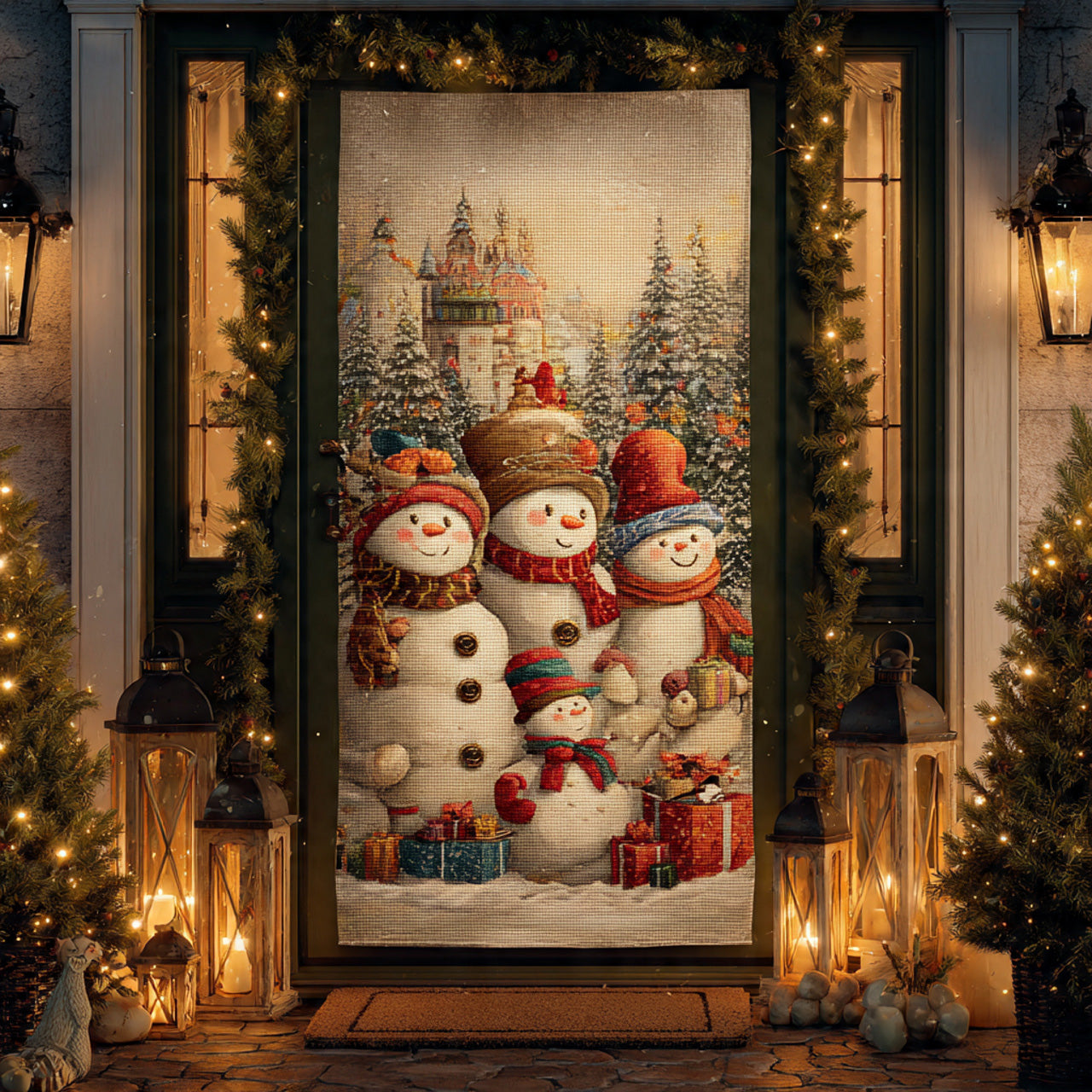 Snowman Family on the Porch — Vintage Christmas Door Cover