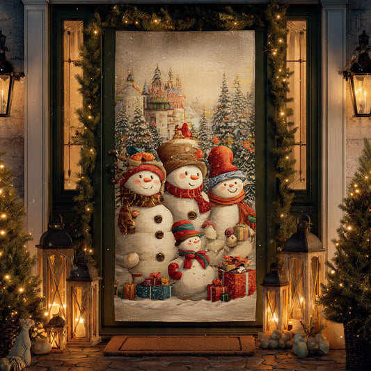 Snowman Family on the Porch — Vintage Christmas Door Cover