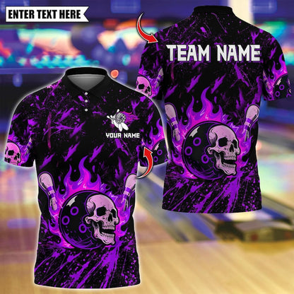 Custom Bowling Polo Shirt, Flame Skull Bowling Design, Personalized Bowling Polo for Men Women, Personalized Name Team 3D Shirt
