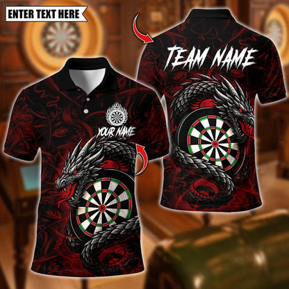 Personalized Name Dart Polo Shirt, Darts Custom Black And Blue Flame Dragon Design ,Custom Team Shirt for Men, Gift for Darts Players