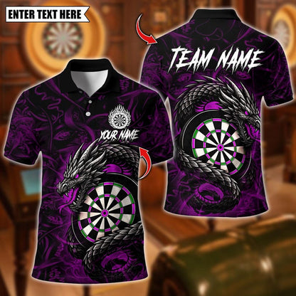 Personalized Name Dart Polo Shirt, Darts Custom Black And Blue Flame Dragon Design ,Custom Team Shirt for Men, Gift for Darts Players