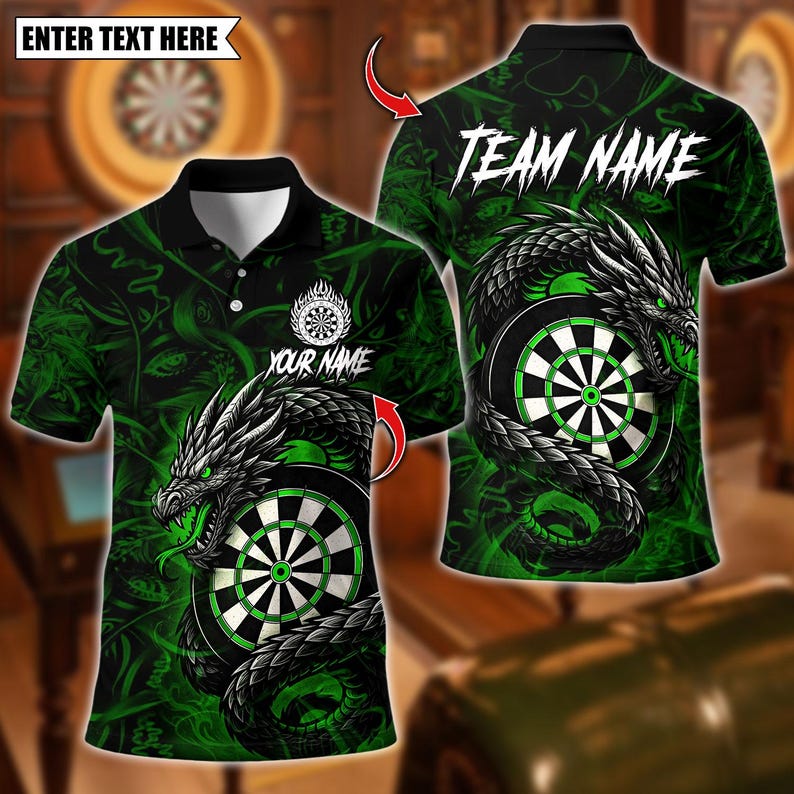 Personalized Name Dart Polo Shirt, Darts Custom Black And Blue Flame Dragon Design ,Custom Team Shirt for Men, Gift for Darts Players