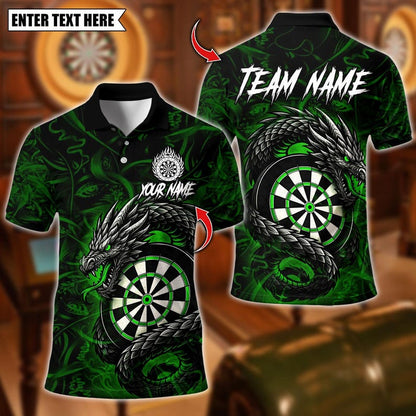 Personalized Name Dart Polo Shirt, Darts Custom Black And Blue Flame Dragon Design ,Custom Team Shirt for Men, Gift for Darts Players