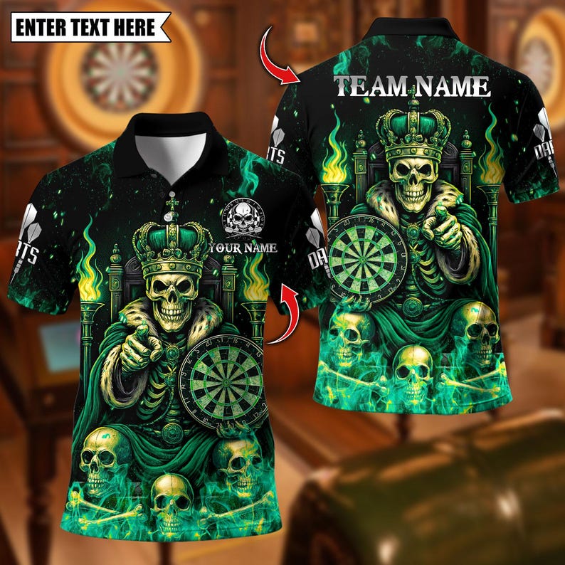Personalized Name Dart Polo Shirt, King Skeleton With Dartboard Design ,Custom Team Shirt for Men, Gift for Darts Players