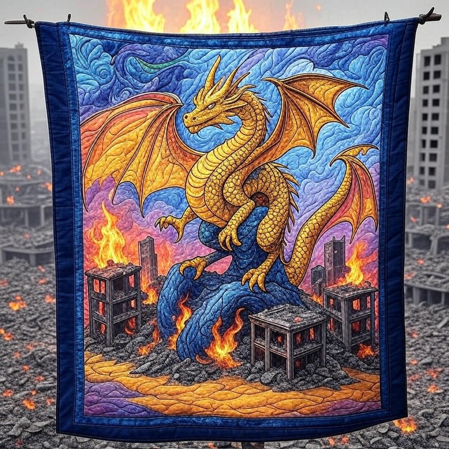Golden Guardian Dragon Amidst Fallen Ruins Quilt