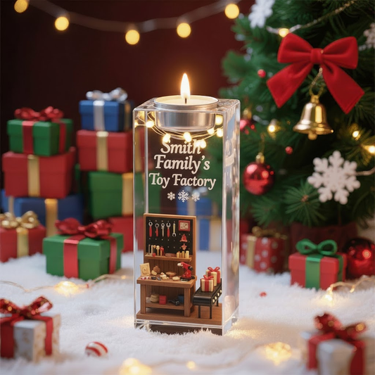 🧸 Smith Family’s Toy Factory Candle – Personalized Christmas Workshop Acrylic Decor