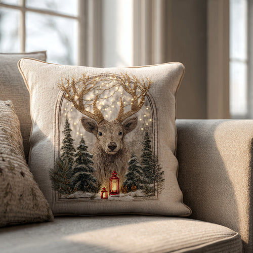 Golden Antlers Reindeer LED Cushion – Nordic Snow Forest Christmas Pillow