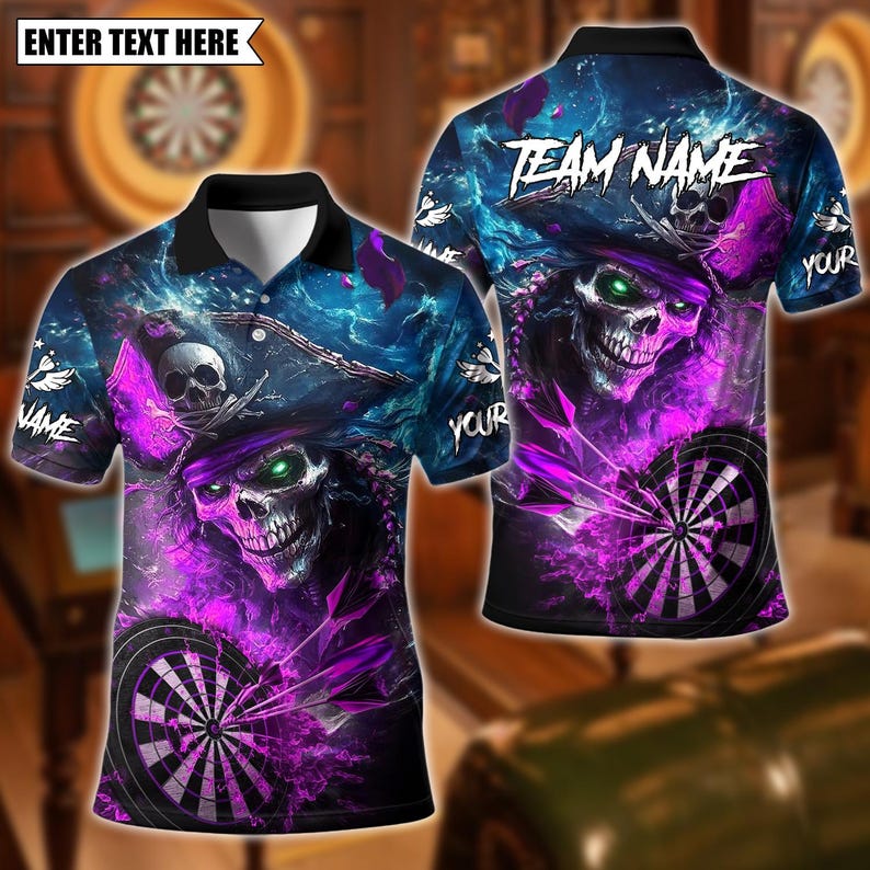 Personalized Name Dart Polo Shirt, Pirate Captain Skeleton With Dartboard Design ,Custom Team Shirt for Men, Gift for Darts Players