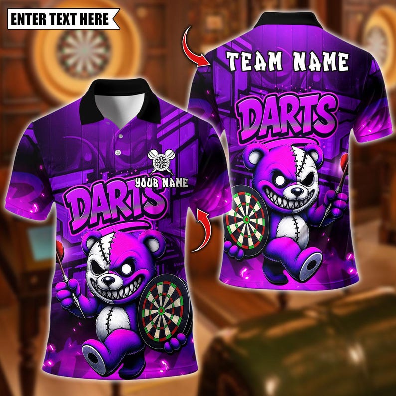 Personalized Name Dart Polo Shirt, Halloween Bear With Dartboard Design ,Custom Team Shirt for Men, Gift for Darts Players