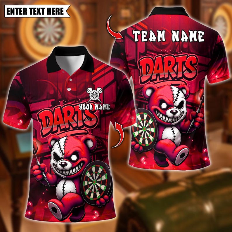 Personalized Name Dart Polo Shirt, Halloween Bear With Dartboard Design ,Custom Team Shirt for Men, Gift for Darts Players