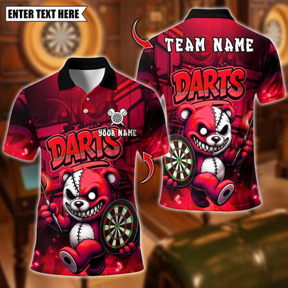 Personalized Name Dart Polo Shirt, Halloween Bear With Dartboard Design ,Custom Team Shirt for Men, Gift for Darts Players