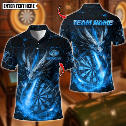 Personalized Name Dart Polo Shirt, Flame Dragon With Dartboard Design ,Custom Team Shirt for Men, Gift for Darts Players