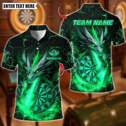 Personalized Name Dart Polo Shirt, Flame Dragon With Dartboard Design ,Custom Team Shirt for Men, Gift for Darts Players