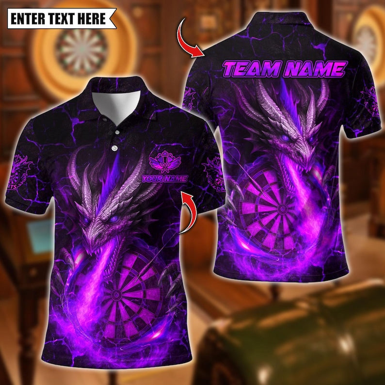 Personalized Name Dart Polo Shirt, Flame Dragon With Dartboard Design ,Custom Team Shirt for Men, Gift for Darts Players
