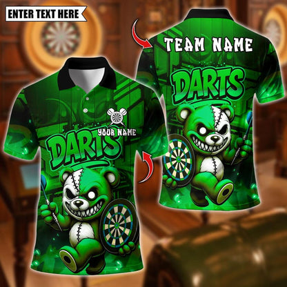 Personalized Name Dart Polo Shirt, Halloween Bear With Dartboard Design ,Custom Team Shirt for Men, Gift for Darts Players
