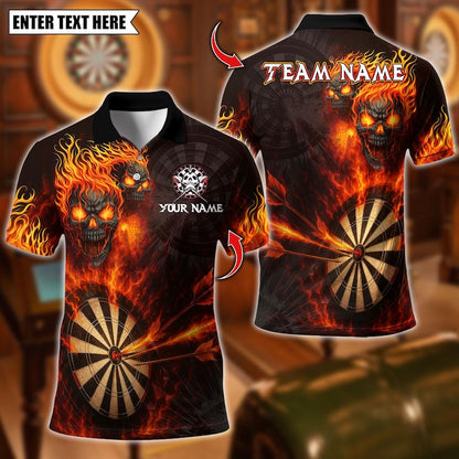 Personalized Name Dart Polo Shirt, Flame Skull With Dartboard Design ,Custom Team Shirt for Men, Gift for Darts Players
