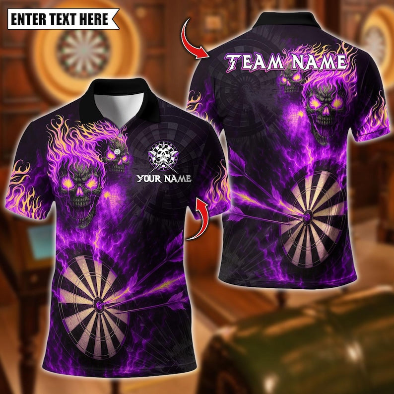 Personalized Name Dart Polo Shirt, Flame Skull With Dartboard Design ,Custom Team Shirt for Men, Gift for Darts Players