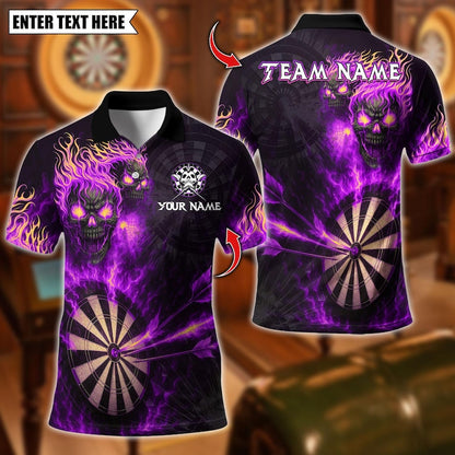 Personalized Name Dart Polo Shirt, Flame Skull With Dartboard Design ,Custom Team Shirt for Men, Gift for Darts Players
