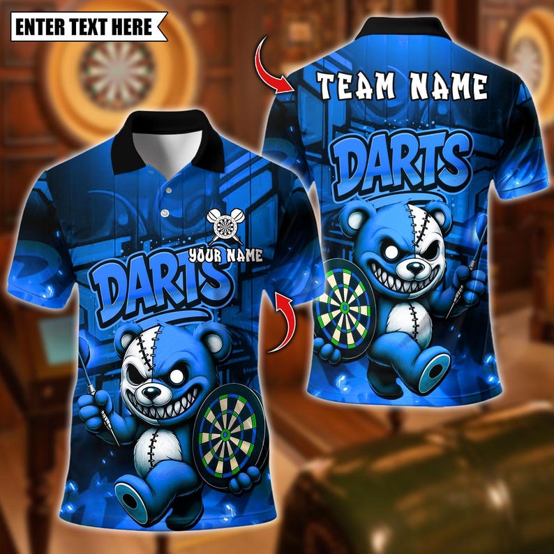 Personalized Name Dart Polo Shirt, Halloween Bear With Dartboard Design ,Custom Team Shirt for Men, Gift for Darts Players