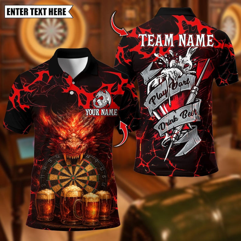 Personalized Name Dart Polo Shirt, Beer Dragon With Dartboard Design ,Custom Team Shirt for Men, Gift for Darts Players