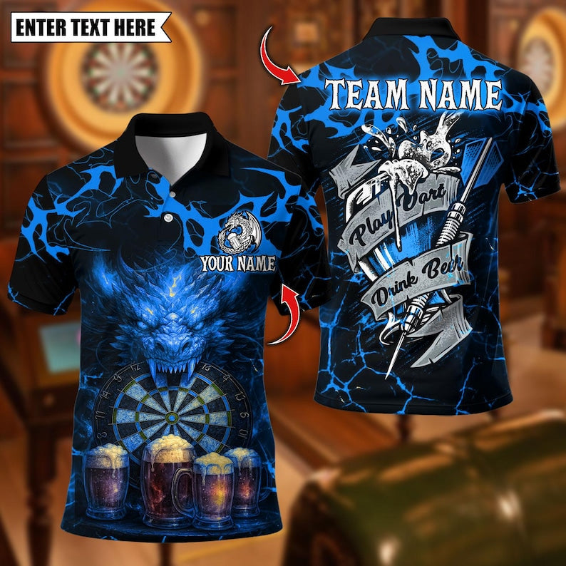 Personalized Name Dart Polo Shirt, Beer Dragon With Dartboard Design ,Custom Team Shirt for Men, Gift for Darts Players
