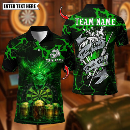 Personalized Name Dart Polo Shirt, Beer Dragon With Dartboard Design ,Custom Team Shirt for Men, Gift for Darts Players
