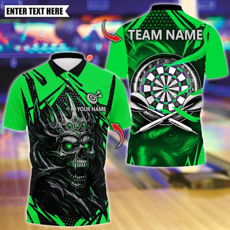 Personalized Name Dart Polo Shirt, Dark Vibes Mystery Skull With Dartboard Design ,Custom Team Shirt for Men, Gift for Darts Players