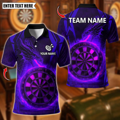 Personalized Name Dart Polo Shirt, Dragon With Flame Dartboard Design ,Custom Team Shirt for Men, Gift for Darts Players