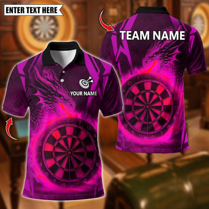 Personalized Name Dart Polo Shirt, Dragon With Flame Dartboard Design ,Custom Team Shirt for Men, Gift for Darts Players