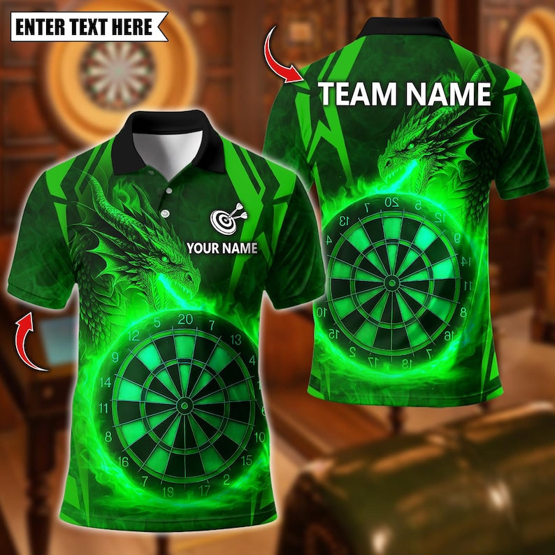 Personalized Name Dart Polo Shirt, Dragon With Flame Dartboard Design ,Custom Team Shirt for Men, Gift for Darts Players