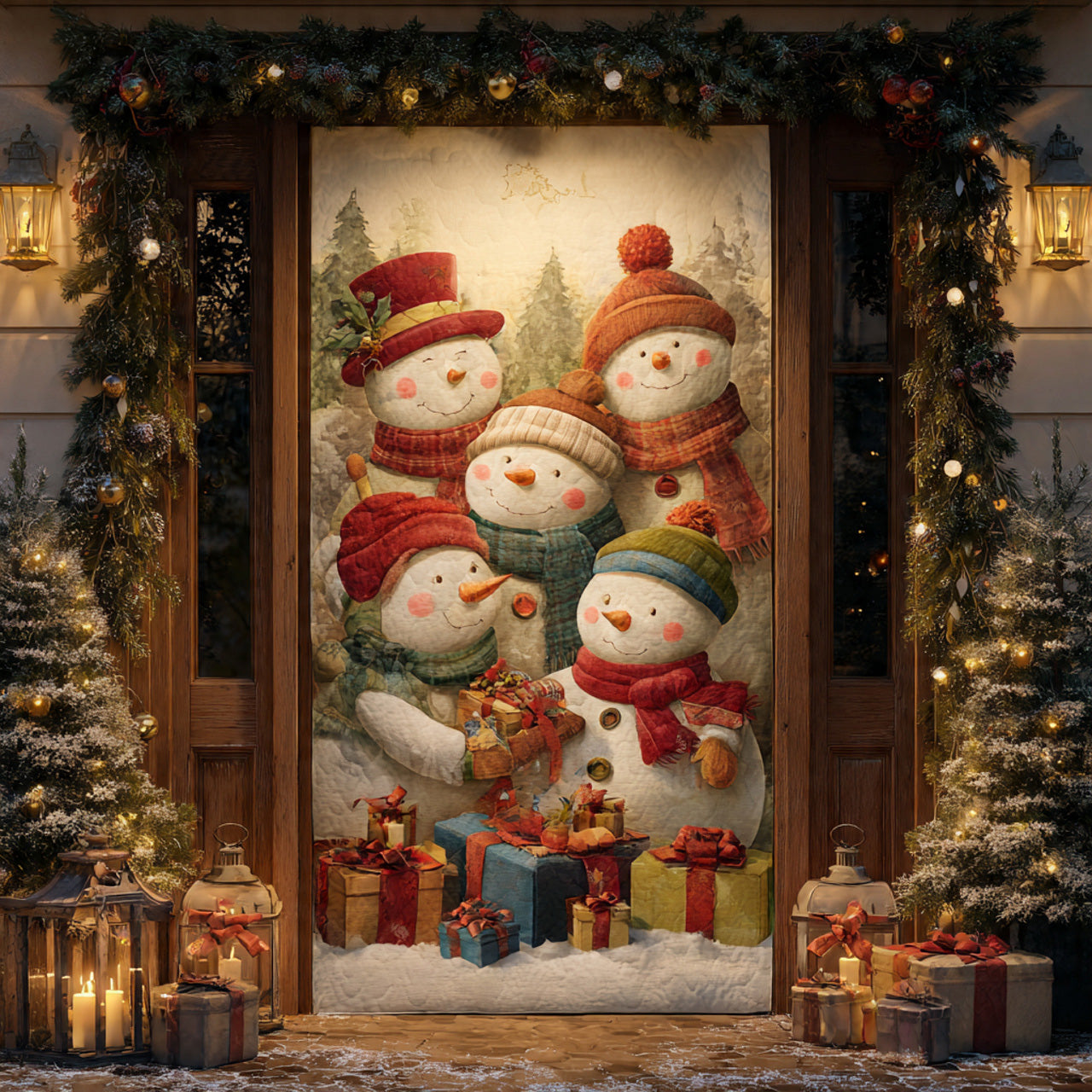 Cozy Snowmen with Presents — Winter Porch Quilted Door Cover