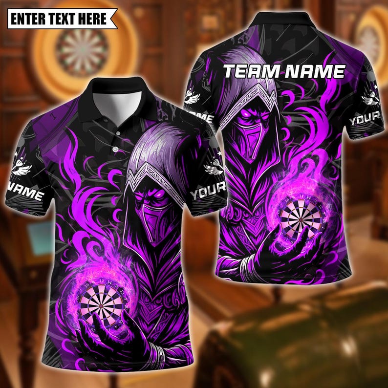 Personalized Name Dart Polo Shirt, Assassin With Flame Dartboard Design ,Custom Team Shirt for Men, Gift for Darts Players
