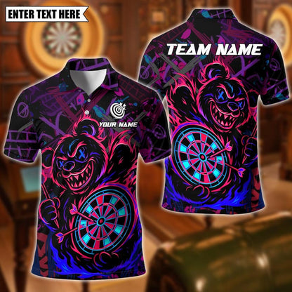 Personalized Name Dart Polo Shirt, Wild Bear With Dartboard Design ,Custom Team Shirt for Men, Gift for Darts Players