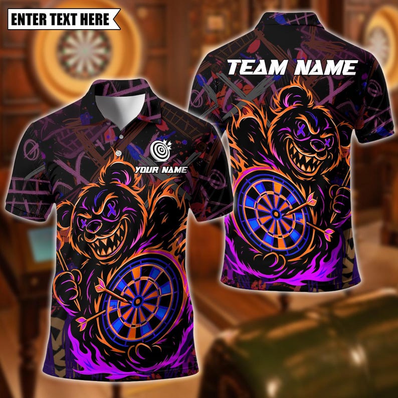 Personalized Name Dart Polo Shirt, Wild Bear With Dartboard Design ,Custom Team Shirt for Men, Gift for Darts Players