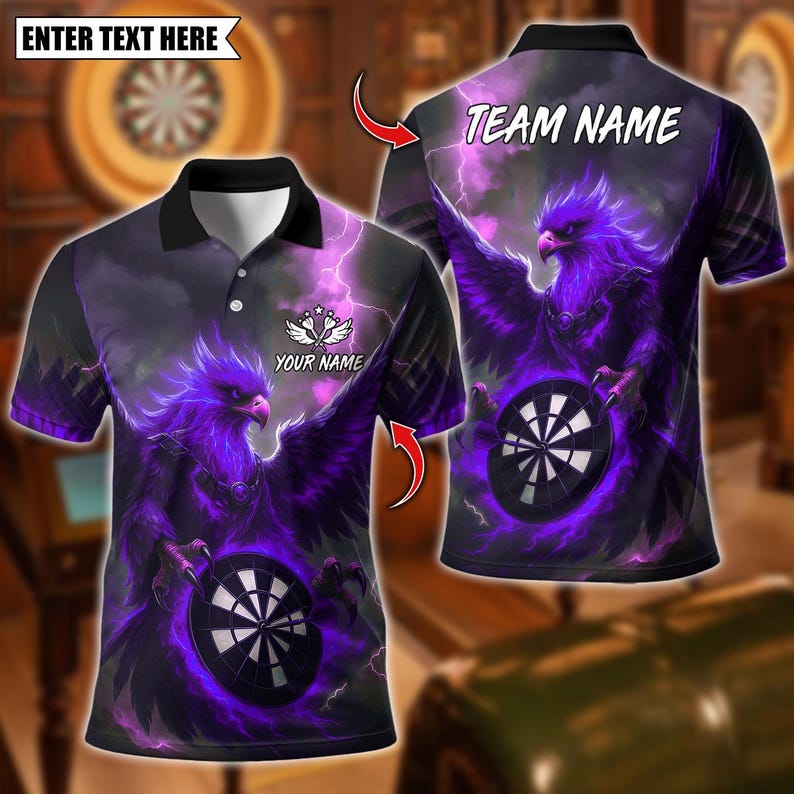Personalized Name Dart Polo Shirt, Darts Phoenix Thunder Lightning Design ,Custom Team Shirt for Men, Gift for Darts Players