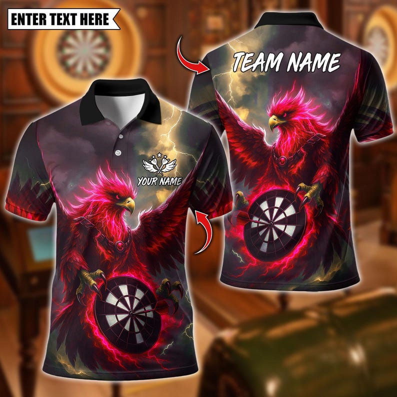 Personalized Name Dart Polo Shirt, Darts Phoenix Thunder Lightning Design ,Custom Team Shirt for Men, Gift for Darts Players