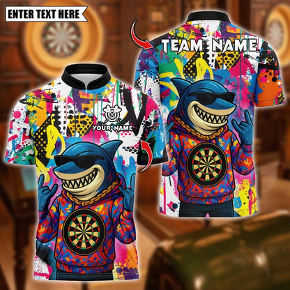 Personalized Name Dart Polo Shirt, HipHop Shark With Dartboard Design ,Custom Team Shirt for Men, Gift for Darts Players