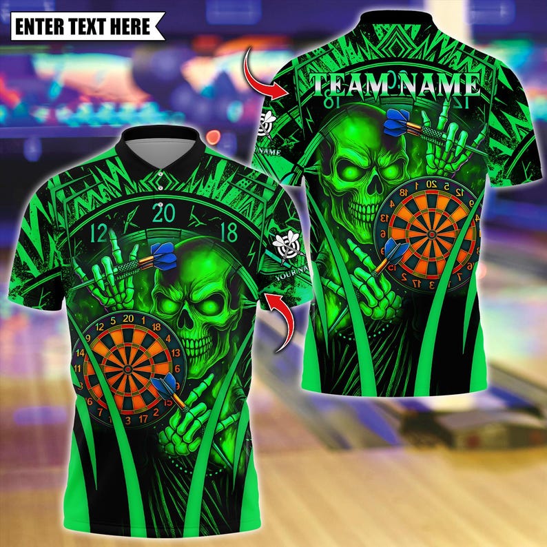 Personalized Name Dart Polo Shirt, Skull With Dartboard Design ,Custom Team Shirt for Men, Gift for Darts Players