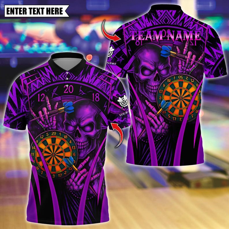 Personalized Name Dart Polo Shirt, Skull With Dartboard Design ,Custom Team Shirt for Men, Gift for Darts Players