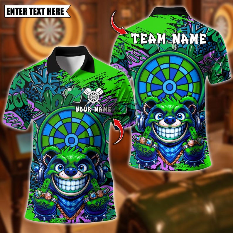 Personalized Name Dart Polo Shirt, Darts Gangster Bear Design ,Custom Team Shirt for Men, Gift for Darts Players