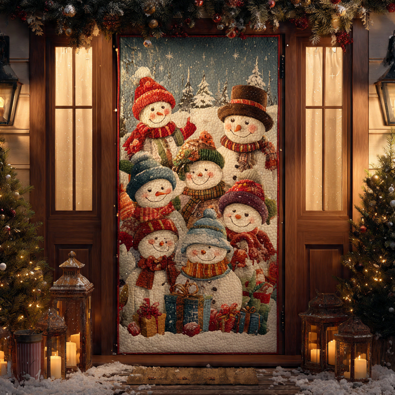 Stacked Snowmen Party — Cheerful Christmas Door Wrap