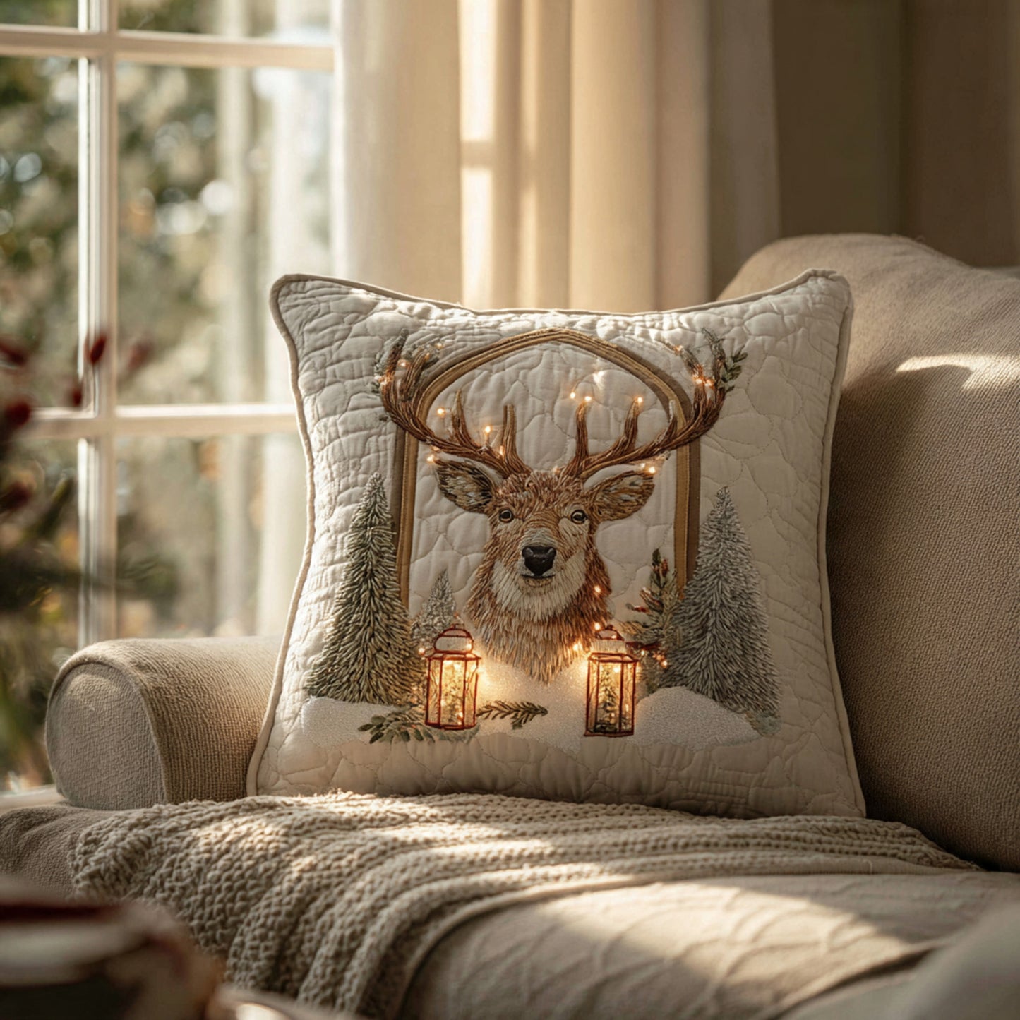 Snowy Antler Deer LED Pillow – Winter Lodge Embroidered Cushion