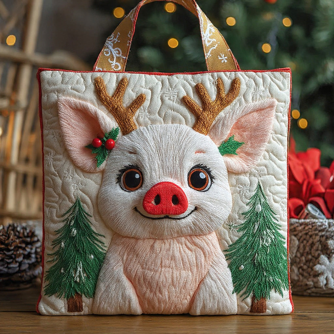 Cute Reindeer Cub with Pines Quilted Tote