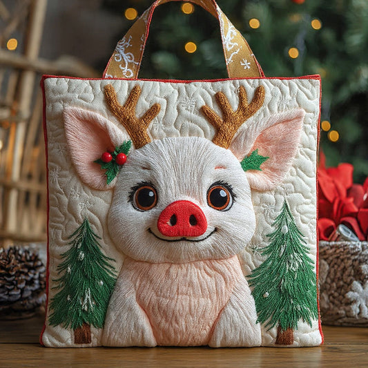 Cute Reindeer Cub with Pines Quilted Tote