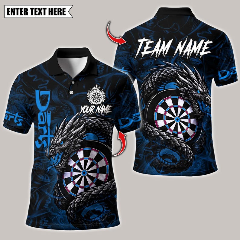Personalized Name Dart Polo Shirt, Darts Custom Black And Blue Flame Dragon Design ,Custom Team Shirt for Men, Gift for Darts Players