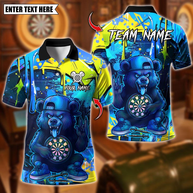 Personalized Name Dart Polo Shirt, Dart Cartoon Wolf Graffiti Design ,Custom Team Shirt for Men, Gift for Darts Players