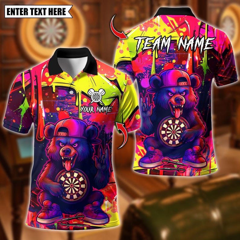 Personalized Name Dart Polo Shirt, Dart Cartoon Wolf Graffiti Design ,Custom Team Shirt for Men, Gift for Darts Players