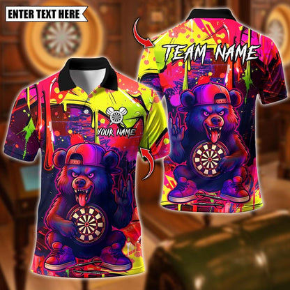 Personalized Name Dart Polo Shirt, Dart Cartoon Wolf Graffiti Design ,Custom Team Shirt for Men, Gift for Darts Players