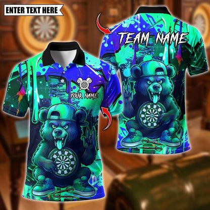 Personalized Name Dart Polo Shirt, Dart Cartoon Wolf Graffiti Design ,Custom Team Shirt for Men, Gift for Darts Players